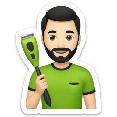 young fair-skinned man with black hair and beard, holding a lime green trimmer, smiling, black t-shirt, iOS emoji style sticker