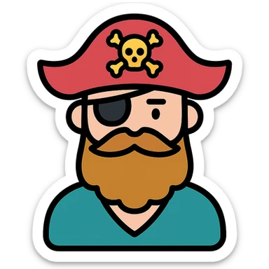 A pirate with a long beard, lineal color icon style, black outlines sticker