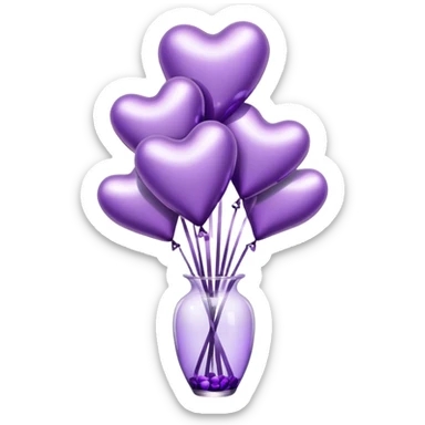"A cluster of metallic heart-shaped balloons in varying shades of purple, floating beside a sleek glass vase filled with matching roses."
 sticker