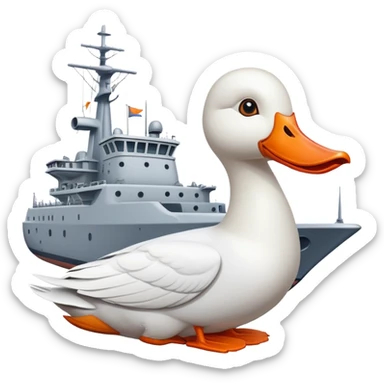 A cartoon military ship with planes on the deck and a large white goose head with orange bill at the front sticker