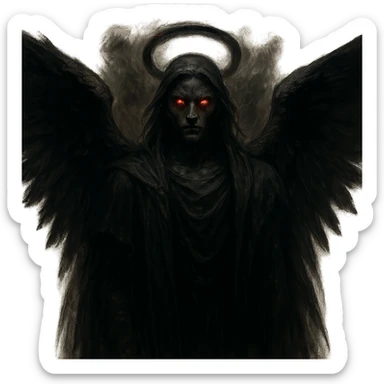 A dark angel with glowing red eyes and a dark halo, in a dark, supernatural fantasy style. sticker
