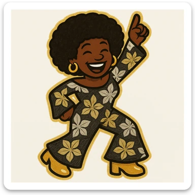 Create a 1970s disco emoji of a female African American in a classic disco dance pose. She has an afro hairstyle, joyful expression, and wears a 70s jumpsuit using only gold, silver, black, and white colors. The style is vibrant and pop colors icon style. sticker