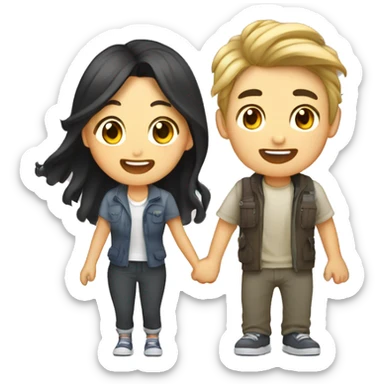 Cute Asian couple (girl with wavy long hair guy with short straight hair) excitedly traveling  sticker