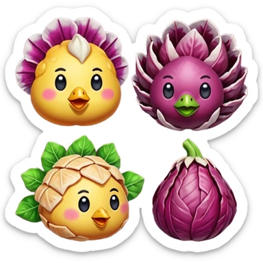 crea emote pack con sfondo trasparente e dimensioni 28x28 56x56 e 112x112 ognuna già con tutte e tre le dimensioni staccate dalle altre con tema radicchi e polli in stile gamer con parole da gaming in font bold colore arcobaleno diverso ad ogni parola sticker
