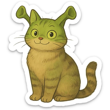 ghibli style cat inspired by Shrek with green ogre ears and whimsical look sticker