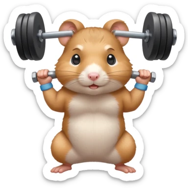 Cute cartoon-style hamster standing upright, wearing a tiny sweatband, lifting oversized dumbbells with determined expression. Soft painterly shading, expressive eyes, white background, sticker-style illustration sticker