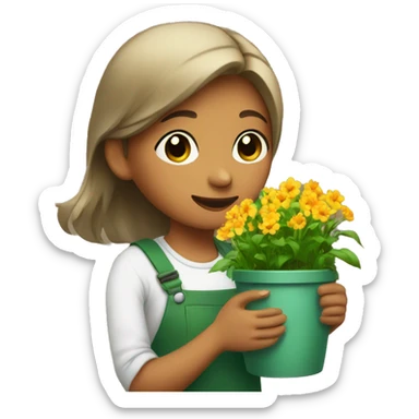 A girl plants flowers in the village sticker