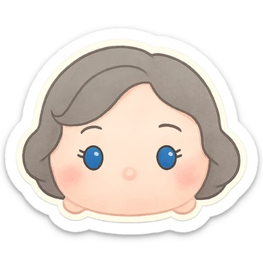 female tsum tsum plush style, blue eyes, grey 1940s bob hair, no body, no mouth, emoji sticker