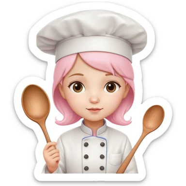 Lovely little girl, dressed in a chef suit with a light pink chef hat, with a spoon in her hand sticker