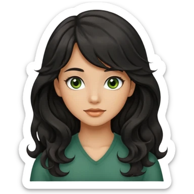 beautiful girl with black wavy long hair and side-swept bangs, tan skin, and greenish-hazel eyes sticker
