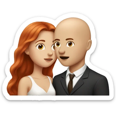 Couple kissing each other, girl is pale with red long hair and man has no hair and is white brown eyebrows sticker