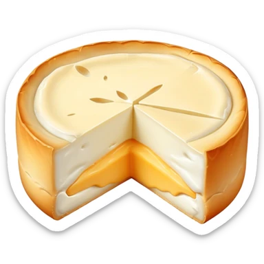 cinematic-realistic-brie-cheese-emoji,-featuring-a-creamy gooey center,-soft-ripened-cheese-with-a-delicate-rind-rendered-with-lifelike-detail-and-inviting,-natural-lighting. sticker