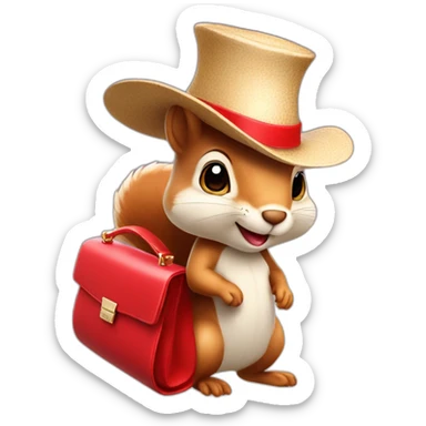 a squirrel in a hat with a wide brim a beautiful dress and with plump lips and with a fashionable red bag sticker