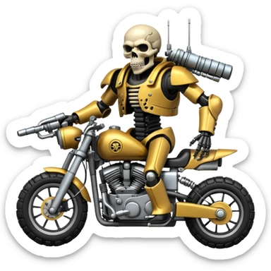 four-armed skull-headed tank mech motorcycle with four mechanical arms with guns, skull head with cables, tank tread lower body, aggressive expression, shiny metal with minimal color accents, preserve all proportions, pose, and details sticker