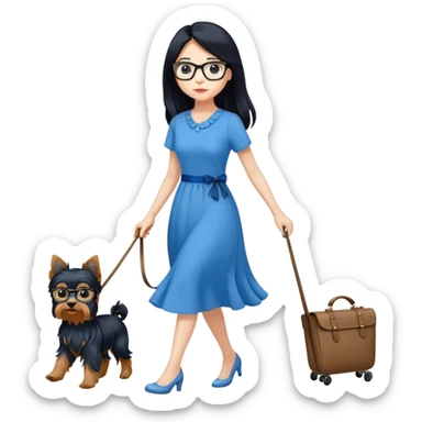 pale female with long black hair, wearing glasses and blue dress walking yorkie sticker