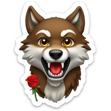 A red wolf with white fangs holds a rose sticker