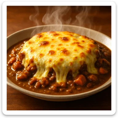 cheese-covered curry, bubbling cheese, aromatic steam, hearty serving sticker