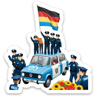 West German protest scene, 1968, young people with colorful protest signs saying 'Make Love Not War' and 'Mehr Demokratie wagen', BRD flag, flowers, police in background, lively mood sticker