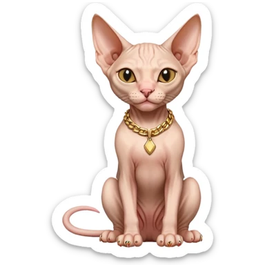 hairless Sphynx cat full body sitting, wearing a gold chain, winking sticker