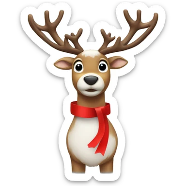 A reindeer in the snow with a red ribbon on its left horn sticker