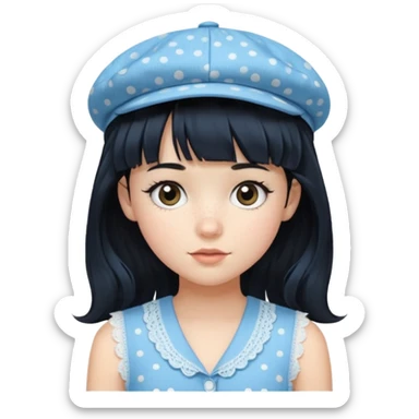 pinterst girl with heavy bang, black long hair and black pica dot newsboy cap on her hat, wearing baby blue color lace sleeveless  sticker