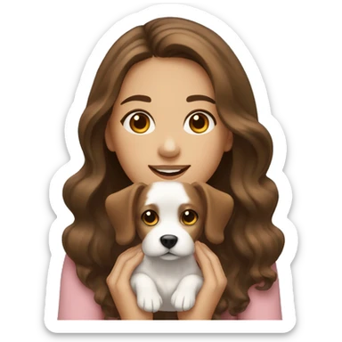 A girl with long wavy brown hair and brown eyes holds a small white dog. sticker