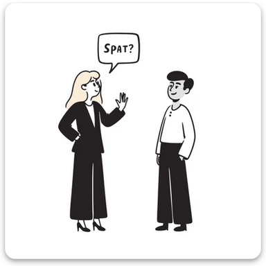 A blonde woman in a black suit talking to a brown-haired man in a white t-shirt. The woman has a speech bubble above her head. The woman is talking and the man is smiling. sticker