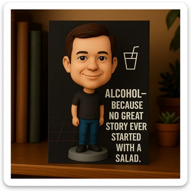Refine the card: keep Dylan as a bobblehead character, minimal neon grid background, one drink icon, bold chrome text with the quote 'Alcohol—because no great story ever started with a salad.' Make the layout even cleaner and more balanced, using the same bobblehead style. sticker
