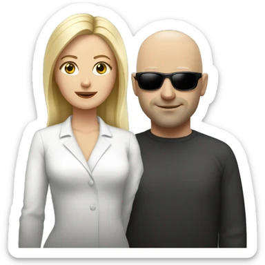 White woman with blonde hair wearing sunglasses, standing next to a bald white man  sticker