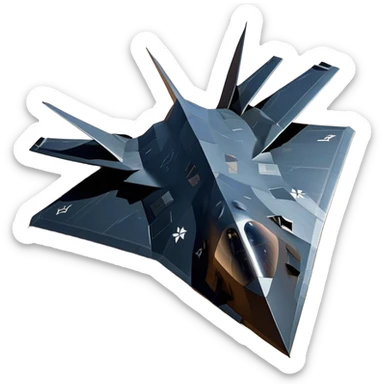 F-117 Nighthawk - Lockheed Martin (Stealth Grey) A futuristic stealth attack aircraft with a distinct faceted, angular design in a stealthy matte grey. Its sharp, jagged edges and unconventional, almost alien-like shape make it look like a shadow cutting through the night sky. The surface should appear non-reflective with subtle panel lines. sticker