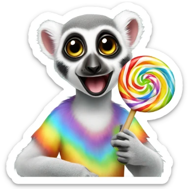 Lemur with a big circular rainbow lollipop sticker