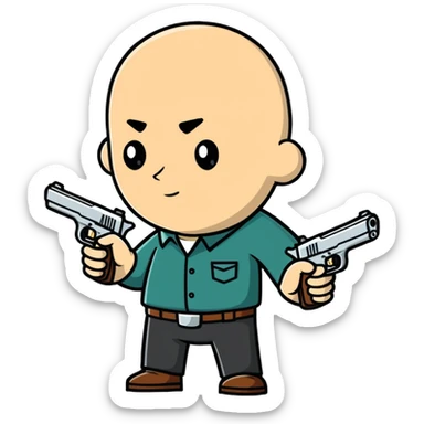 bald man holding a pistol sticker
