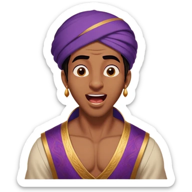 Cinematic Realistic Aladdin Portrait, head tilted slightly with a dramatic, wide-open yawn, revealing a relaxed, yet still vigilant expression. The lifelike textures of his skin and carefully rendered fabric of his attire combine with warm, ambient lighting to capture a moment of endearing, laid-back heroism. sticker