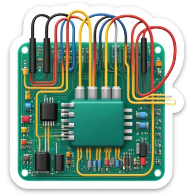 An icon featuring a circuit board, electrical wires, symbolizing electrical engineering. The design includes resistors, capacitors, and a power transformer, representing the study of electrical systems and innovation. Transparent background highlights modern electrical technology sticker