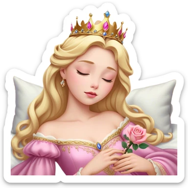 Cinematic Realistic Sleeping Beauty (Aurora) Portrait, with porcelain-like skin featuring a natural rosy flush, illuminated by soft lighting that highlights the gentle contours of her face. Her golden blonde hair flows in soft, detailed waves with subtle highlights that shimmer in the light. Her deep violet-blue eyes radiate warmth and innocence, framed by arched brows and long lashes. With a soft, serene smile, she holds a delicate rose gently in one hand, her other hand resting lightly by her side. She is dressed in her classic pink gown, the fabric rich in texture with delicate folds that catch the light. A golden crown rests atop her head, gleaming with royal refinement. The portrait captures a soft, glowing aura, blending realism with an ethereal sense of beauty and timeless enchantment. sticker