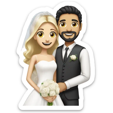 Wedding couple with Handsome light middle eastern man with goatee and black hair and white smile with bride who has blonde hair , hair down , and beautiful  sticker