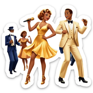 Vintage movie poster-style icon for a musical film. A vibrant street scene with bright lights, dancers mid-step, a singer with a microphone, and a jazz band playing. The cityscape glows in the background, evoking the golden era of musicals. Transparent background. sticker