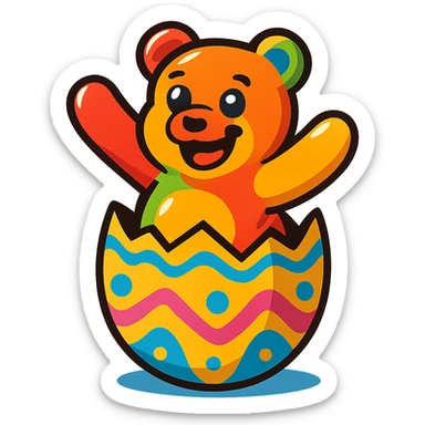 a cheerful gummy bear halfway out of a decorated Easter egg, bright colors, fun mood, playful, simple background sticker