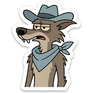 grey coyote, less anthropomorphic, wearing a light blue cowboy hat and light blue neckerchief, flat toon style sticker