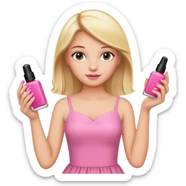 A blonde girl in pink holds nail polishes in her hand sticker