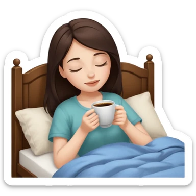 Brunette white skined girl who closes her eyes and smells coffee while drinking coffee in her bed sticker