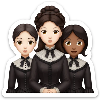 Three Victorian ghost best friends with dark brown hair  one Asian one Caucasian  one African American all beautiful  sticker