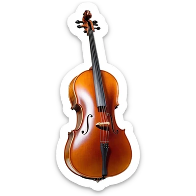 Create a refined and detailed emoji representing a Cremona cello with a bow. The design should feature the smooth, polished wooden body of the cello with a deep, rich tone color. The strings and tuning pegs should be visible, emphasizing the instrument's fine craftsmanship. Add a delicate bow placed gently across the strings, with intricate detailing on the hair and frog. Include subtle musical notes around the cello to evoke the graceful, classical sound. Use warm wood tones and accents like gold and silver for a professional, elegant look. The background should be transparent. sticker