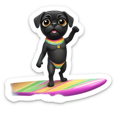 Black pug in bikini surfing in the ocean sticker