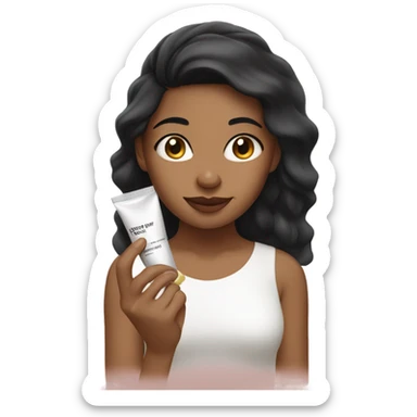 Light brown girl with black hair applying cream on face sticker