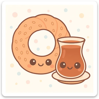 Add a traditional Turkish tea glass next to the simit, keeping the cute kawaii cartoon style. sticker