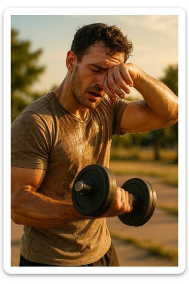 uomo fitness che si allena in estate, tutto sudato, con una mano fa un curl manubri mentre con l'altra mano si asciuga il sudore dalla fronte, espressione affaticata in volto sticker