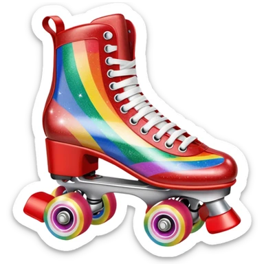 red vintage glitter roller skate with a white leather boot, rainbow stripes glitter sticker