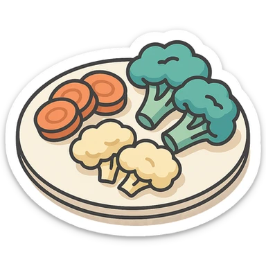 a plate with sliced carrots broccoli and cauliflower in 2D isometric illustration style sticker