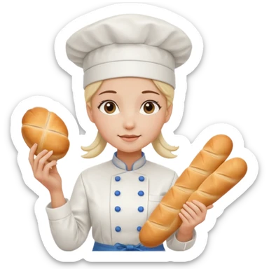 Young female baker - white chef hat, holding cream piping bag and bread sticker